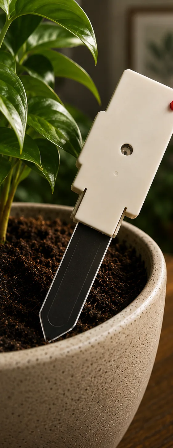 Close-up of the Singer Plant probe inserted into the soil of a pot
