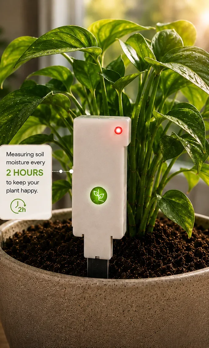 Singer Plant with its green light on, next to a healthy plant, measuring soil moisture every 2 hours
