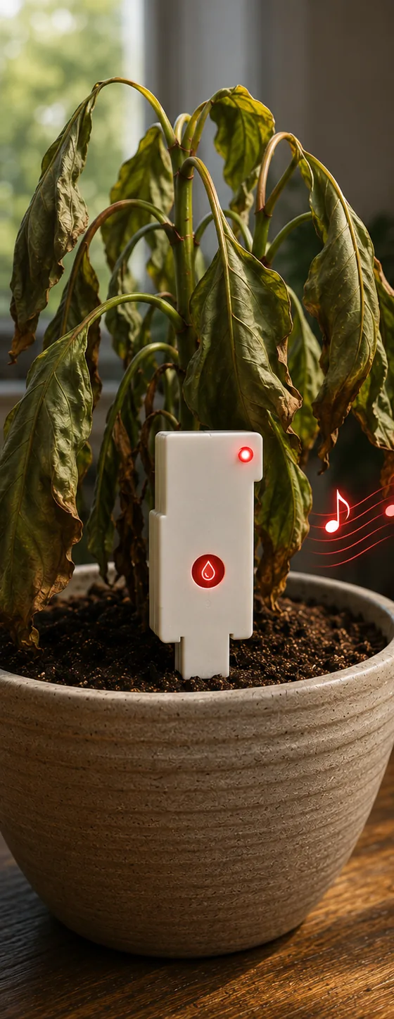 Singer Plant with its red light on and singing, next to a wilting plant